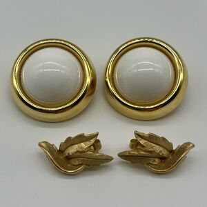 Trifari Earrings gold White Domes and Leaves clip on